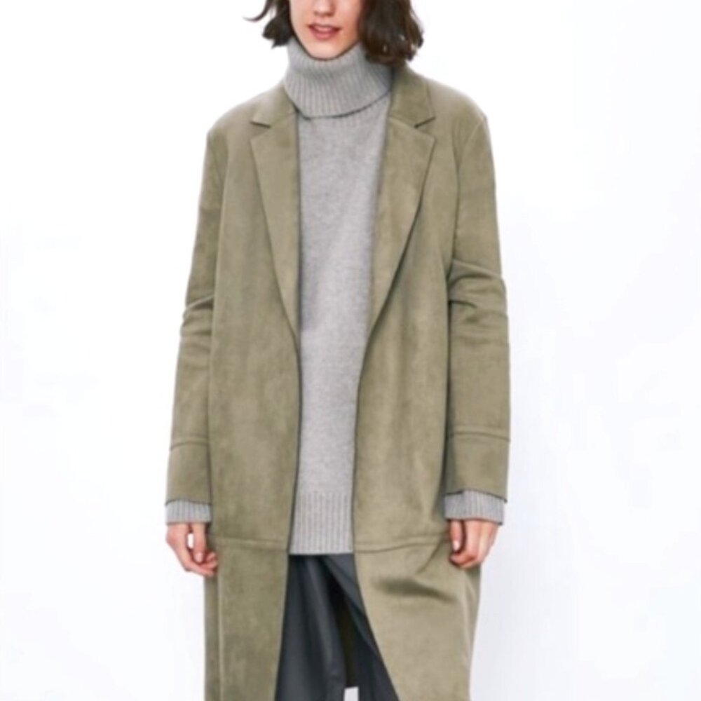 Zara Olive Green Faux Suede Long Jacket, Sz L, EUC